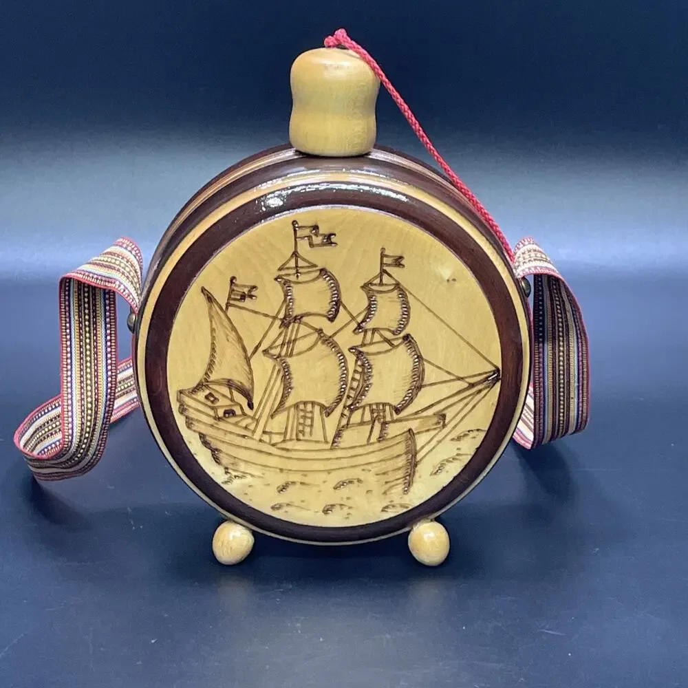 Vtg Wood Flask Canteen Handcrafted Folk Art Carved Pyrography Dubrovnik Croatia